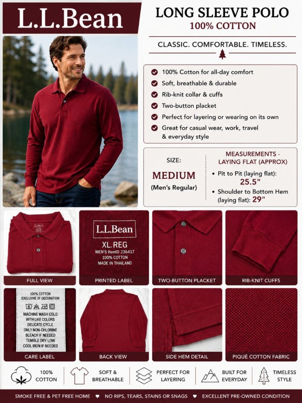 L.L.Bean Men's Long Sleeve Polo Shirt | XL Regular | 100% Cotton | Burgundy